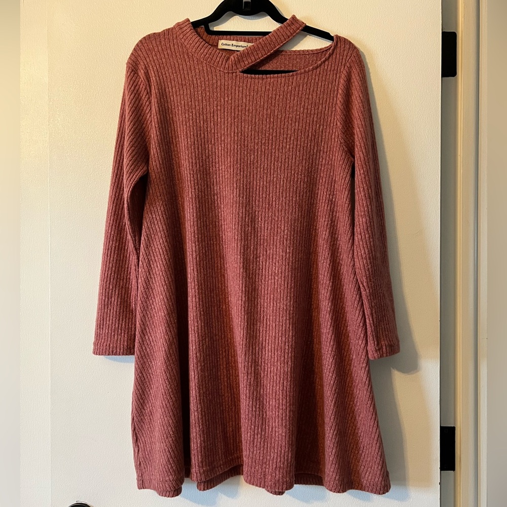 Long Sleeve Cotton Ribbed Short Dress - Medium